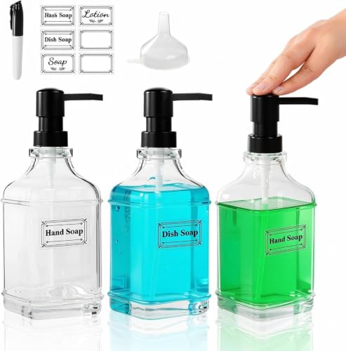 BPFY 3 Pack 17oz Clear Glass Soap Dispensers with Pump - Modern Square Design