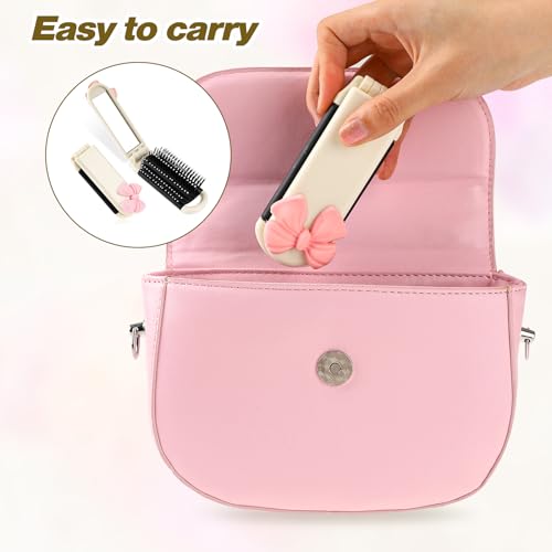 Folding Travel Hair Brush with Removable Mirror - Cream