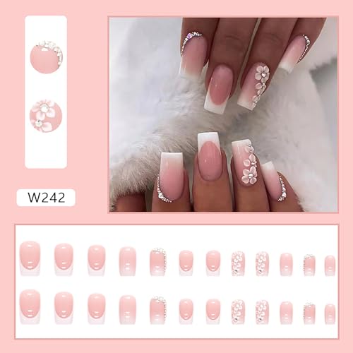 Onsdag Flower & Rhinestone French Square Nails - Medium Coffin Full Cover Fake Nails Set