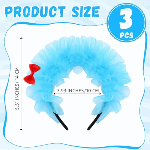 3 Pieces Blue Fuzzy Tulle Headband for Women, Soft Bow Costume Hair Accessory