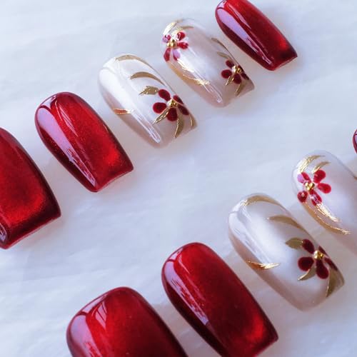 GLORS Red Floral Embroidery Cat Eye Press-On Nails NY_RedFloral Large Set