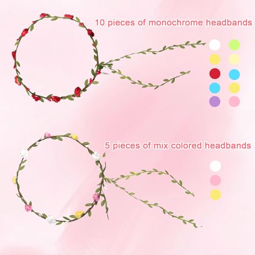 15 Pcs Colorful Flower Crown Headbands for Women & Girls