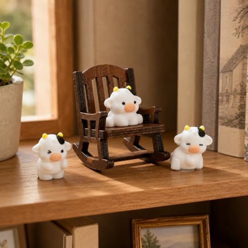 Mini Cow Figurines with Wooden Rocking Chair Desk Decoration