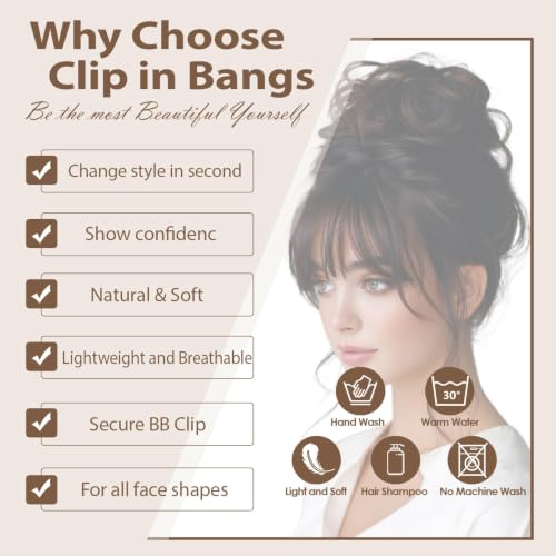 Medium Brown Clip-On Bangs for Women - 100% Real Human Hair