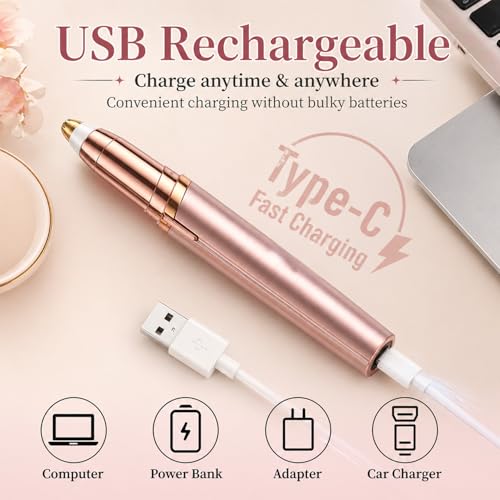 Electric Eyebrow Trimmer for Women, Rechargeable Eyebrow Razors,Eyebrows Hair Remover Shaver,Painless & Instant Eye Brow and Facial Hair Remover with LED Light (Rose Gold)