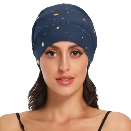 ElliTarr Satin Bonnet Sleep Cap - Dark Blue Stars, One Size Hair Wrap