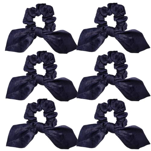 Sufermoe Navy Blue Satin Hair Scrunchies Pack of 6 with Large Bows - 3.8"