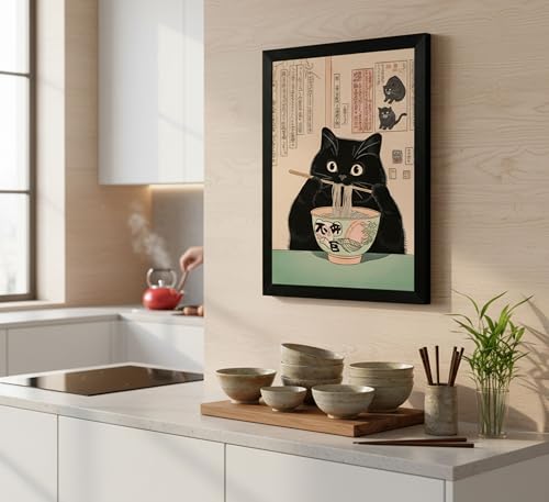 Framed Black Cat Canvas Wall Art - Whimsical Ramen Painting 10x8in