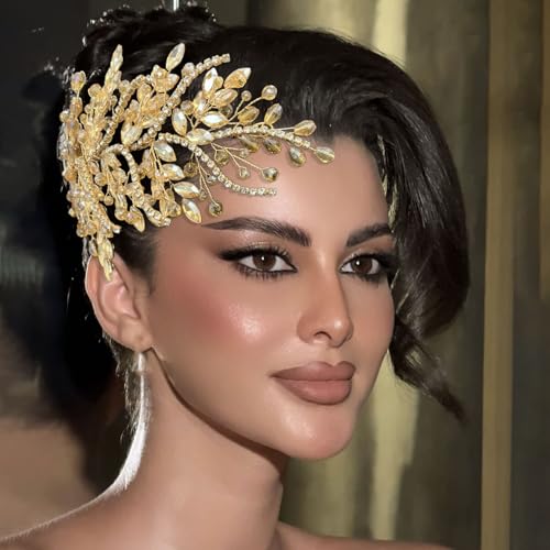 WONRLUA Champagne Bridal Headpiece, Leaf Wedding Hair Piece with Crystals