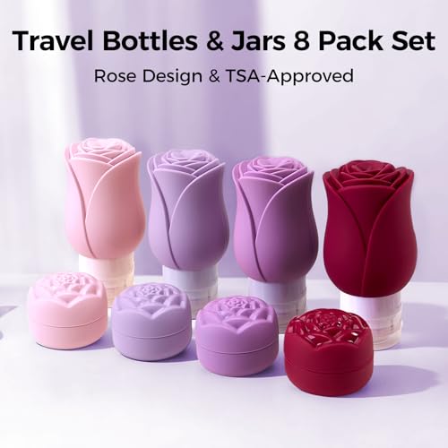 Mabnuby Silicone Travel Bottles & Jars Set – 3oz Leakproof TSA Approved Refillable Kit, 8 Pack in 4 Colors (PK+RS+PP+RD)