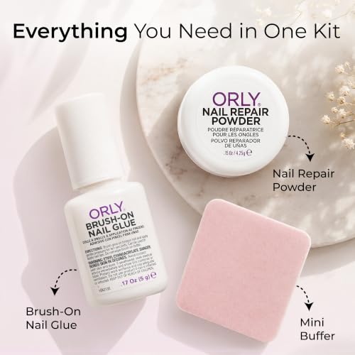 ORLY Nail Rescue Kit for Cracked & Broken Nails - Brush-On Glue, Repair Powder, Buffer