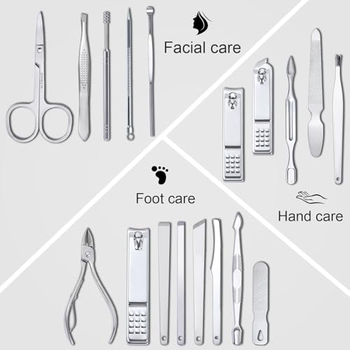 Yougai Nail Clippers Set - 18 Pcs Professional Manicure Pedicure Kit Gifts for Fathers Day Men Women, Stainless Steel Fingernail Toenail Cutters, Nail Care Grooming Tools with Leather Travel Case