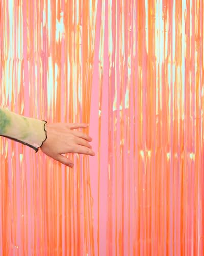 Orange Fringe Curtains - 2 Pack Foil Backdrop for Parties