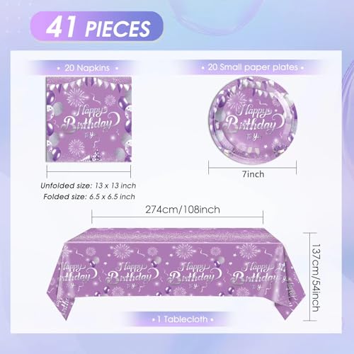 Purple Birthday Decorations Set for 20 – Elegant Tableware with Plates, Napkins & Tablecloth