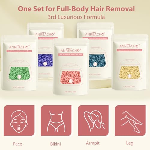 ANREACHO Hard Wax Beans for Hair Removal - 1.1 lb Mix of 5 Colors