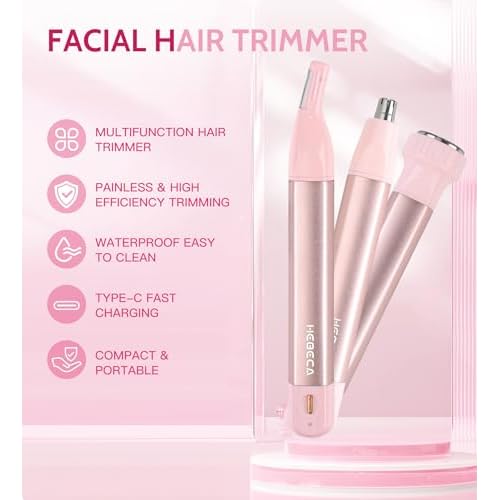 HEBECA Nose Hair Trimmer for Women 3in1 Facial Hair Removal Trimmers- Rechargeable, Waterproof, Portable with Travel Bag- Trims Nose, Ear, Eyebrow, Peach-Fuzz, Lips, Chin Face Hair Remover (Pink)