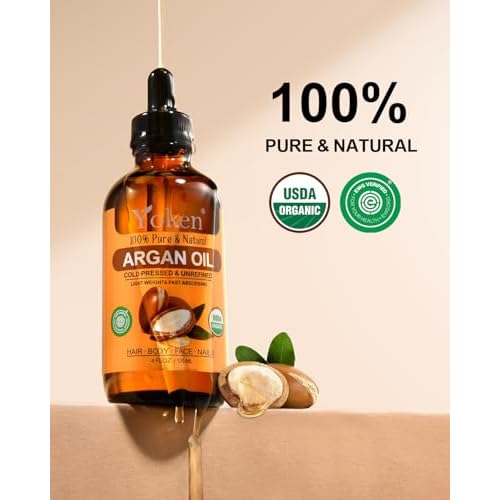 Yoken Organic Argan Oil for Hair 4 Fl Oz, USDA Pure and Natural Morocco Argan Oil, Argon Oil For Hair, Scalp, Face & Skin Care, 100% Cold Pressed Hair Conditioner, Unrefined Argon Nails Carrier Oil