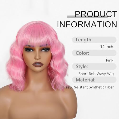 Pink Short Bob Wig with Bangs - 14 Inch Loose Wavy Synthetic Hair