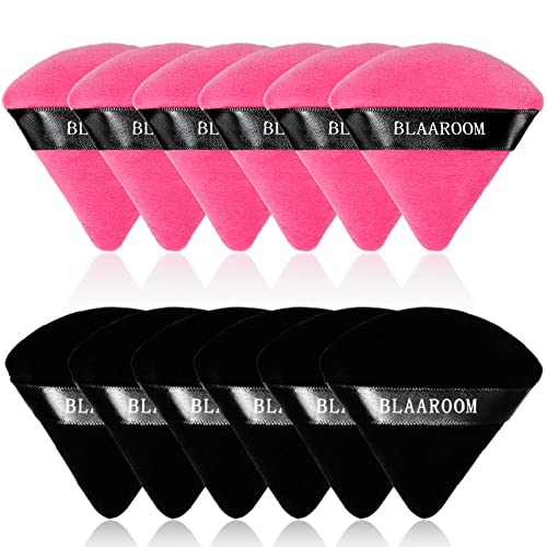 12 Velour Cotton Triangle Makeup Puffs for Loose Powder - Black & Rose Red