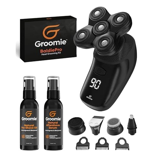 GROOMIE No Hair, Don't Care Bundle - 5D BaldiePro Electric Head Shavers for Bald Men, Natural Pre-Shave Oil to Promote Close Shave, & Natural Aftershave Serum - Mens Head Shaver Kit w/Electric Razor