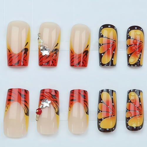 24 Pcs Autumn Butterfly Press-On Nails with 3D Flower Design