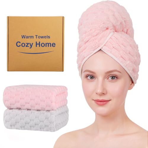 Super Absorbent Hair Towel 2-Pack: 24x42in Light Grey & Pink Microfiber Hair Wrap for Women