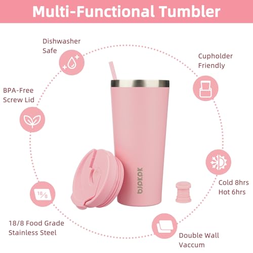 22oz Insulated Stainless Steel Coffee Tumbler with Straw - Light Pink