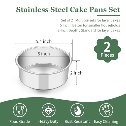 TeamFar 5-Inch Stainless Steel Cake Pan Set of 2 - Non-Toxic Bakeware
