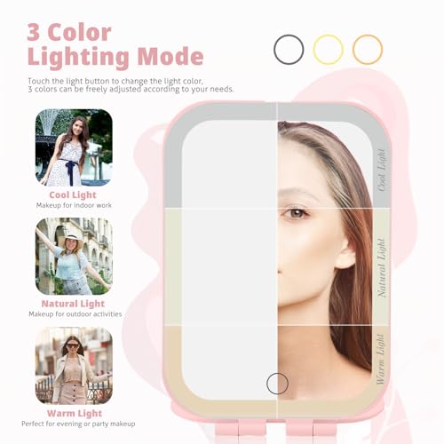 Portable Rechargeable Makeup Mirror with 3 LED Colors - 7.9x5.4 inch, Pink
