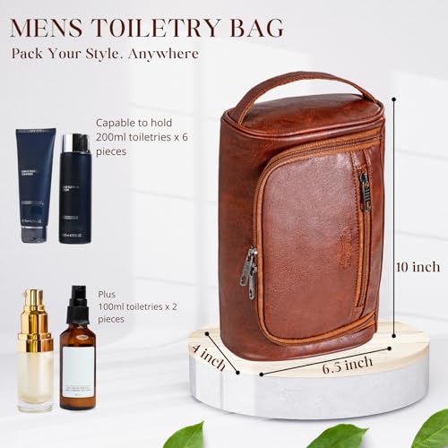 Cumbanho Men's Travel Toiletry Bag, Large PU Leather Dopp Kit - Mocha Brown