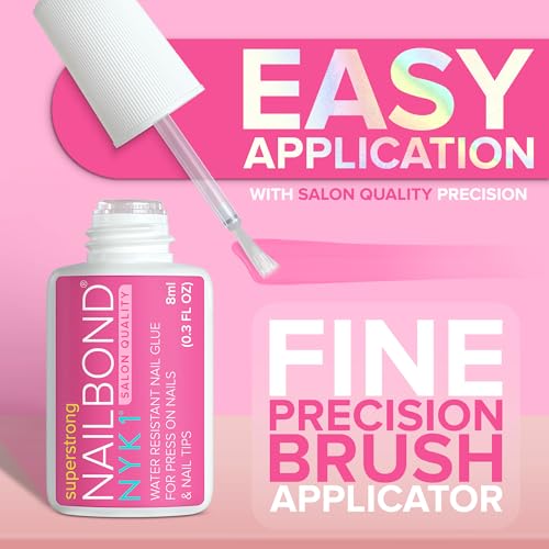 Super Strong Nail Glue for Press On Nails, Nail Tips & Acrylic Nails (8ml) NYK1 NailBond Brush On Glue for Press Ons, Tips & Acrylics - Long Lasting, Maximum Strength, Mess-Free Application