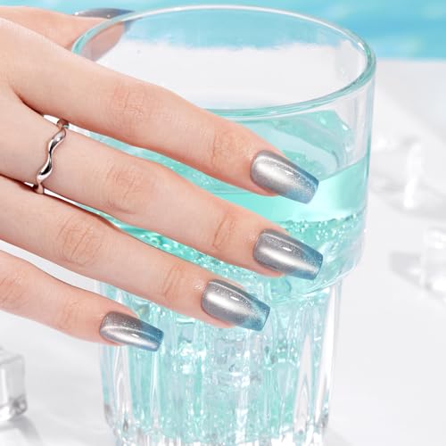 VSALON Medium Coffin Press on Nails - B3-1 Polar Glimmer, Icy Blue Ombre Cat Eye
