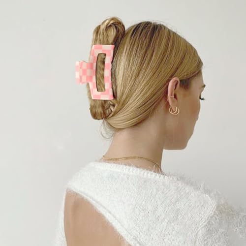 Paderison Pink Checkered Rectangle Claw Hair Clips 2-Pack Strong Hold Y2K Hair Accessories