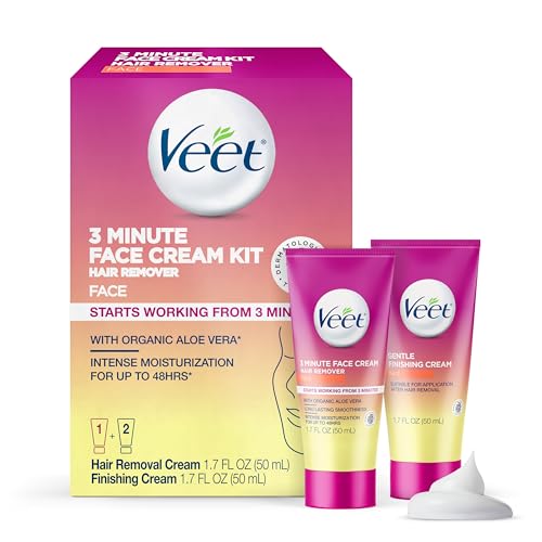 Veet 3 Minute Facial Hair Removal Cream for Women, Depilatory Cream with Organic Aloe Vera, 2 Piece Women's Facial Hair Remover Kit, 1.7 Fl Oz Remover + 1.7 Fl Oz Finishing