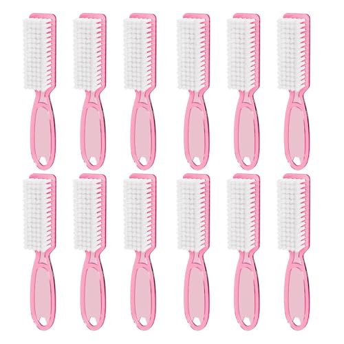 12Pcs Clear Pink Handle Nail Cleaning Brushes for Manicure & Pedicure