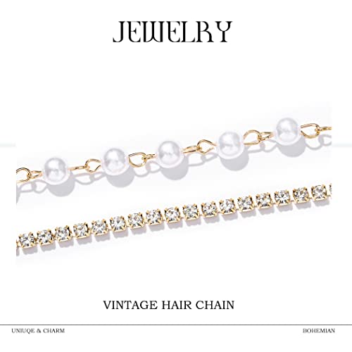 Boho Pearl and Crystal Head Chain - Gold Rhinestone Hair Jewelry