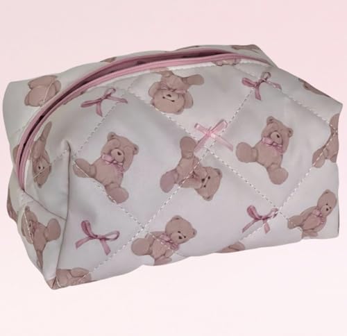 Cherry Ever After Quilted Teddy Bow Makeup Bag Set - 2 Piece Coquette Pouch