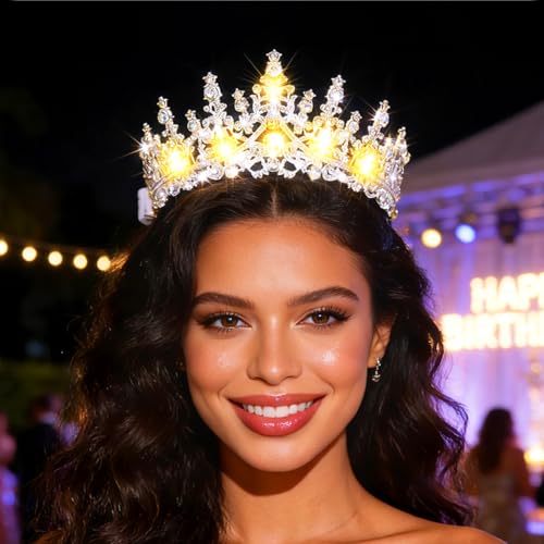 Urieo Light-Up Crystal Queen Crown LED Tiara for Prom and Bridal Parties