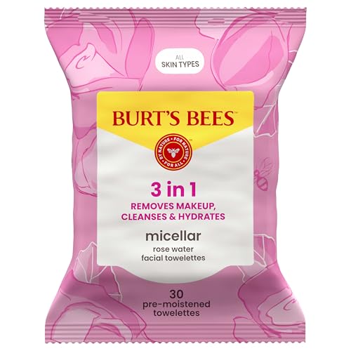 Burt's Bees Micellar Rose Water Facial Towelettes - 30 Count, Plant-Based Makeup Remover Wipes for All Skin Types