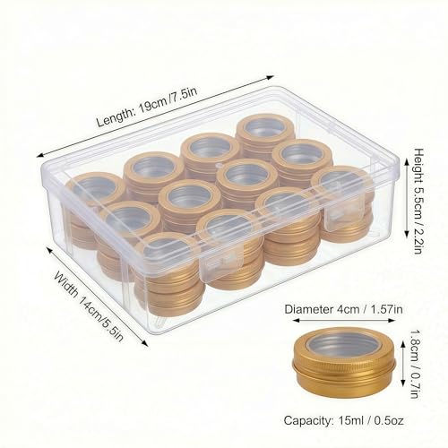 LJY 24-Piece Gold Aluminum Tins with Window Lids, 0.5 oz Storage Set