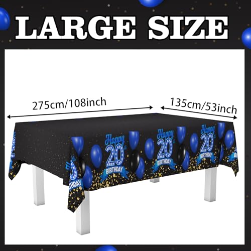 Happy 20th Birthday Tablecloth - Blue & Black Glitter Design, 53x108 inches