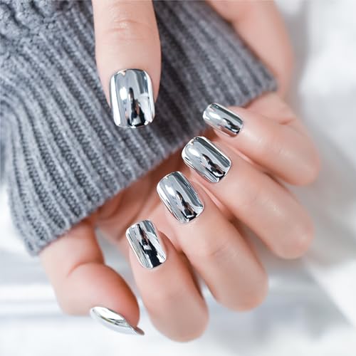 iBeautying Short Square Press-On Nails - Metallic Silver Mirror Finish