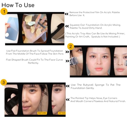 Rubycell Flat Foundation Brush Set with Makeup Sponge & Mixing Palette - Liquid & Cream Face Makeup Tools