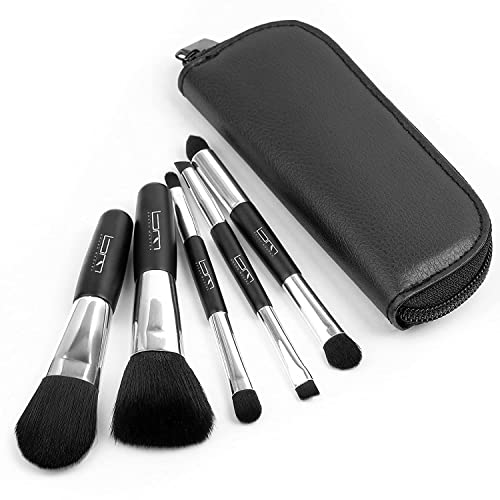 Black Mini Travel Makeup Brush Set - 5 Double-Ended Cosmetic Brushes with Pouch