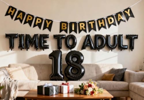 Black 18th Birthday Decorations - Time to Adult Balloons & Banner Set