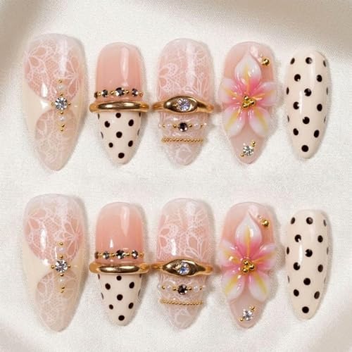 24Pcs Pink Flower Press-On Nails with 3D Gems & French Tips