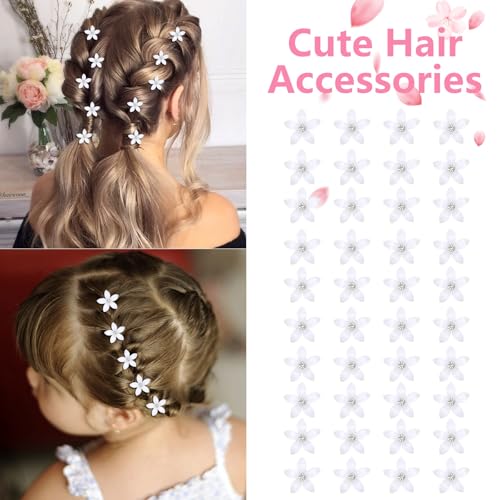 YISSION 40Pcs Mini White Flower Hair Clips with Rhinestone Core – Bridal / Wedding Hair Accessories