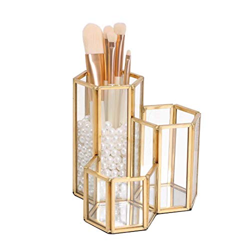 3 Slot Hexagon Gold Glass Makeup Brush Holder Organizer for Desk, Women Girls