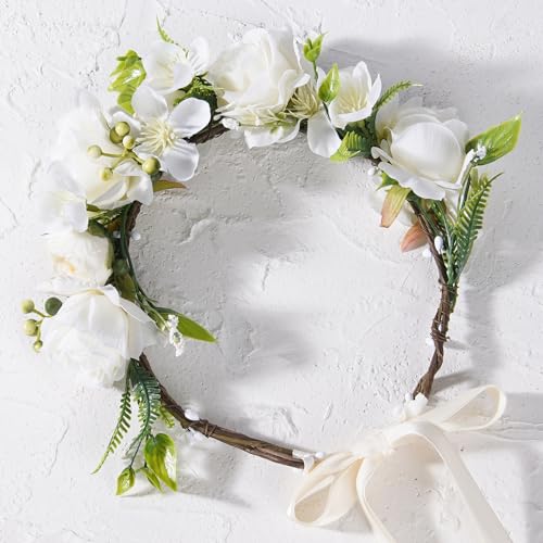 KorViSHOW White Flower Crown Headband Bridal Boho Floral Headpiece