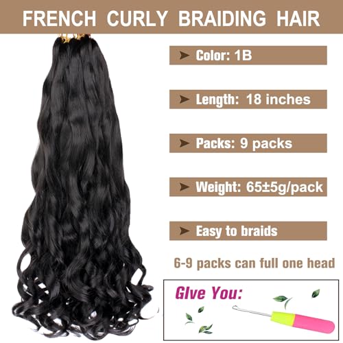 COOKOO 18 Inch Black French Curl Braiding Hair, 9 Packs